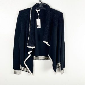 CANDIE’S Black Cropped Cozy Fuzzy Eyelash Open Knit Waterfall Cardigan, Size XL